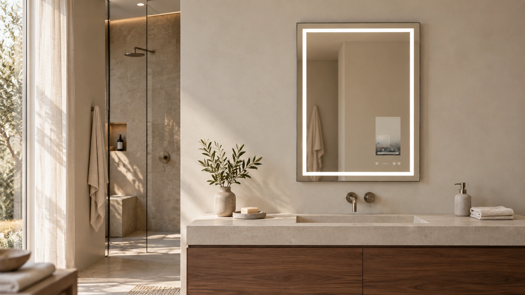 Miroir Signature lumineux au-dessus d’une vasque en pierre, dans une salle de bains ouverte sur le jardin