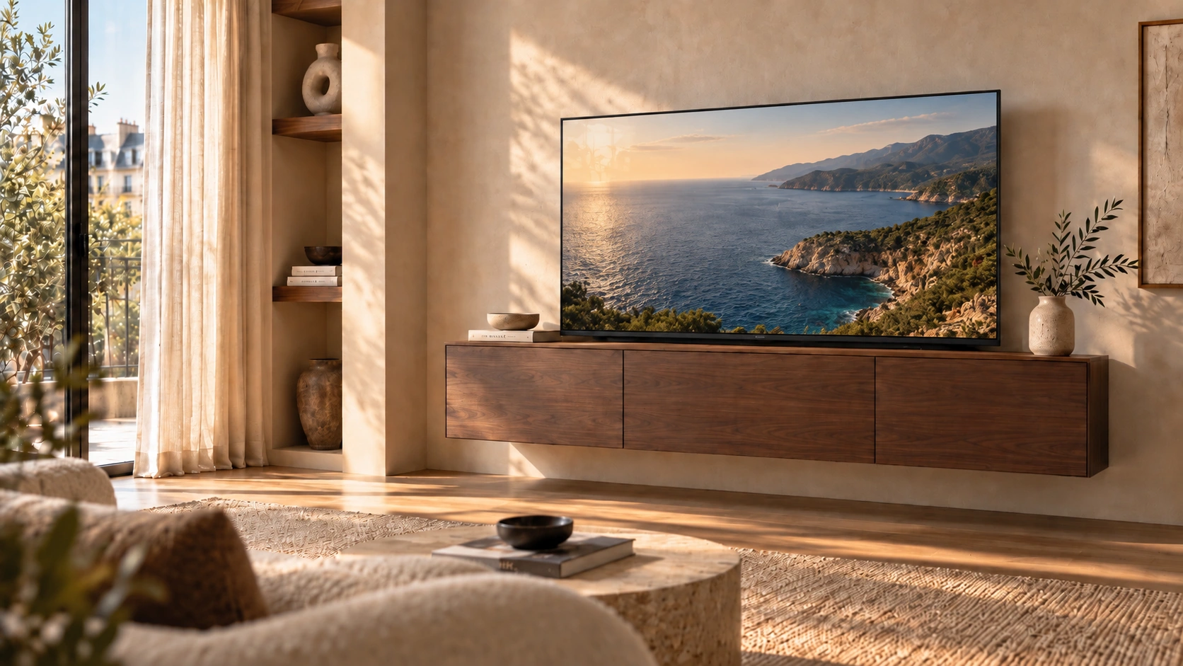 Télé Signature diffusant un paysage côtier, au-dessus d’un meuble en bois dans un salon baigné de lumière